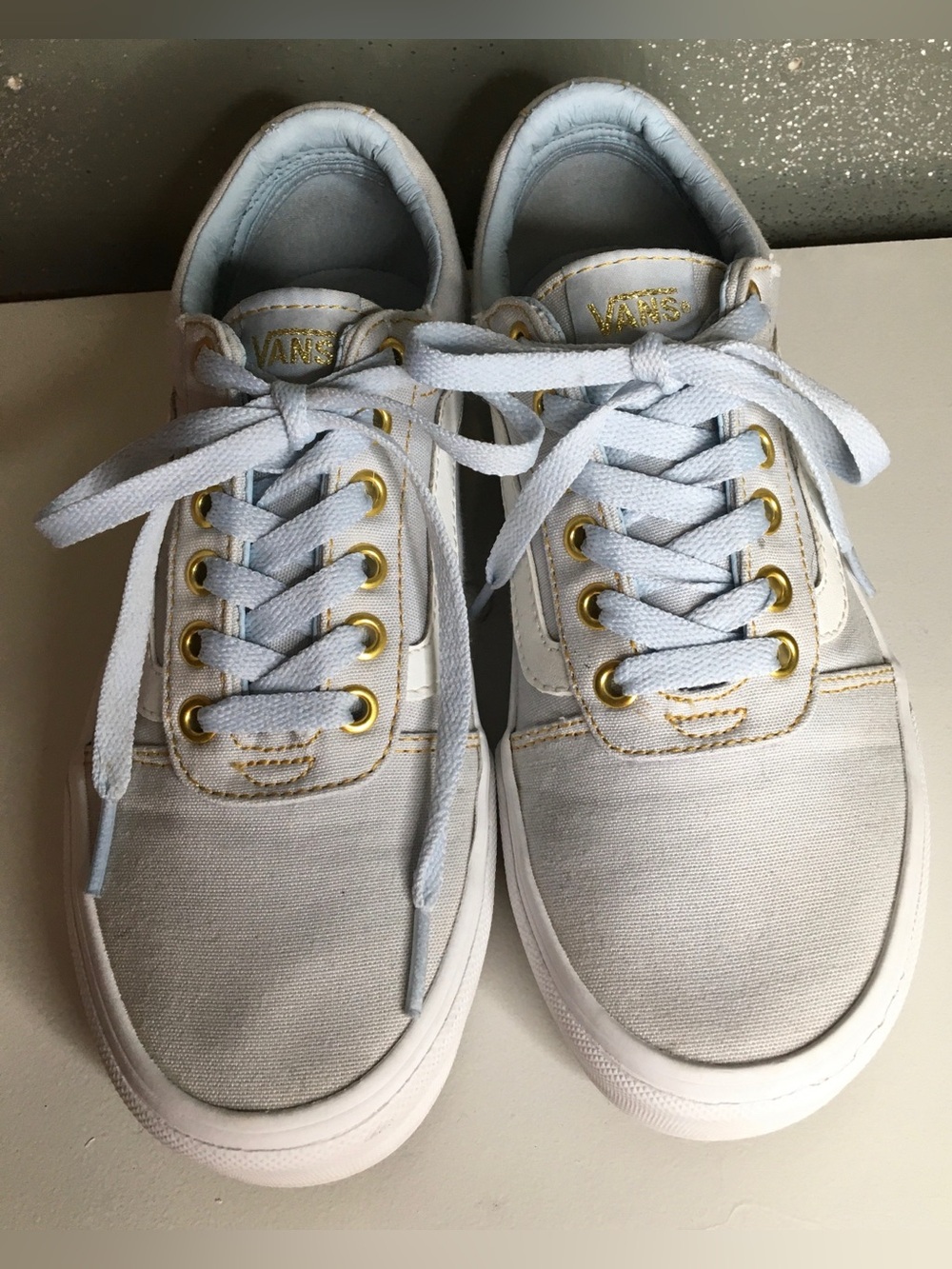 Vans Light Blue Canvas Low-Top Sneakers with Gold Eyelets